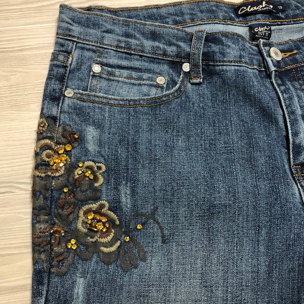 Clash Jeans USA Co Embroidered Faux Rhinestone Bootcut Blue Womens Jr Size 13 - Picture 8 of 15
